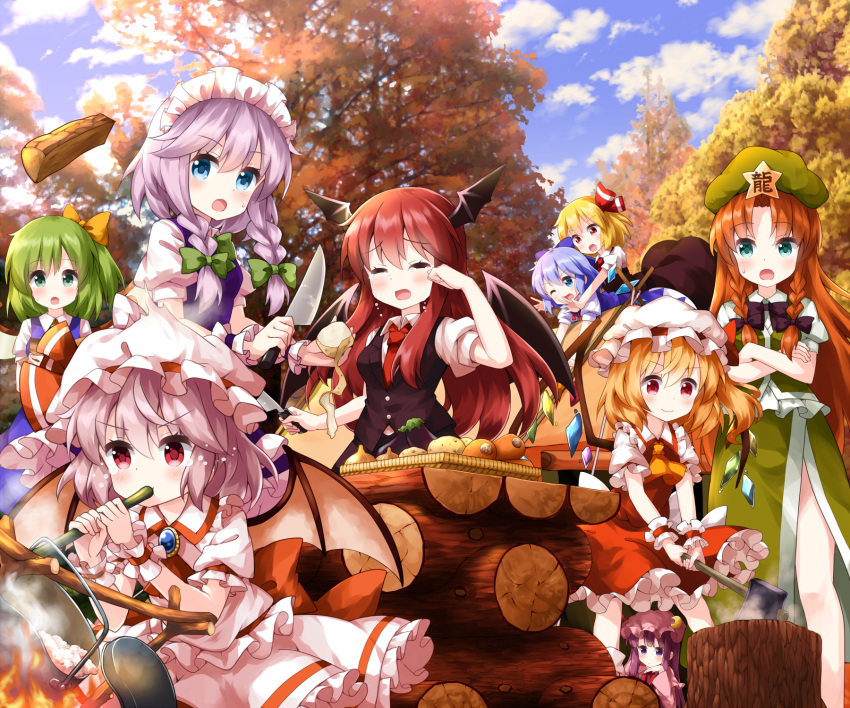 6+girls aqua_eyes ascot axe blonde_hair blue_eyes blue_hair braid brooch carrot carrying cirno cloud commentary_request crossed_arms crying daiyousei eggplant fire flandre_scarlet green_eyes green_hair hat hat_ornament hat_ribbon head_wings highres holding holding_knife hong_meiling izayoi_sakuya jewelry knife koakuma light_purple_hair long_hair maid_headdress mob_cap multiple_girls necktie one_side_up onion open_mouth orange_hair outdoors patchouli_knowledge peeling piggyback potato red_eyes red_hair remilia_scarlet ribbon rice rumia ruu_(tksymkw) short_sleeves side_braid silver_hair skirt skirt_set sky smoke star_(symbol) star_hat_ornament sweat tears the_embodiment_of_scarlet_devil touhou tree twin_braids v-shaped_eyebrows vest waist_bow white_headwear wings wrist_cuffs