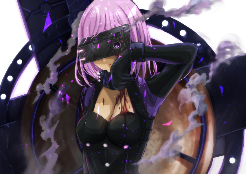 1girl absurdres black_bodysuit blood blood_on_face bodysuit breasts broken cleavage closed_mouth fate/grand_order fate_(series) highres looking_at_viewer mash_kyrielight medium_breasts medium_hair megane_fuki ortenaus pink_hair purple_eyes shield shiny shiny_hair solo upper_body white_background