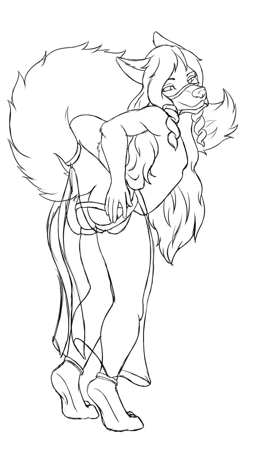 ankle_band anthro basian bluhellwulf canid canine canis clothing domestic_dog girly hair hi_res husky long_hair long_tail male mammal monochrome nordic_sled_dog sketch solo spitz standing translucent translucent_clothing