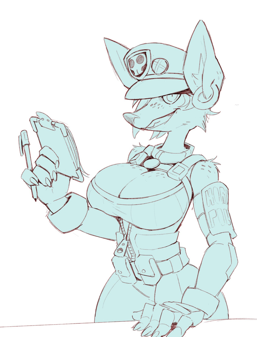 anthro breasts cleavage clipboard clothed clothing ear_piercing ear_ring female foretbwat freckles hi_res mammal monochrome murid murine officer_flint paper pen piercing police police_hat police_outfit police_uniform rat rodent smile solo tactical_gear tactical_gloves uniform