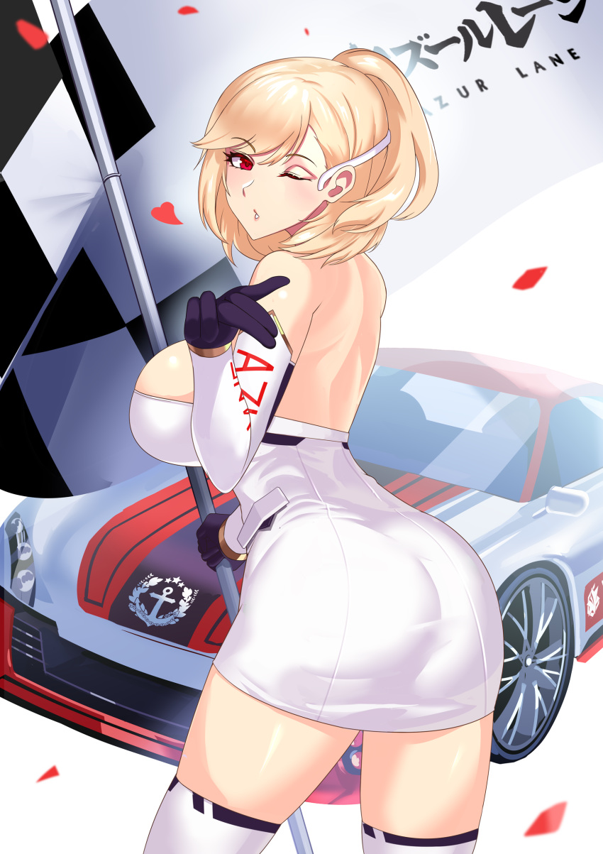 1girl absurdres ass azur_lane backless_dress backless_outfit black_gloves blonde_hair breasts car checkered checkered_flag cleavage detached_sleeves dress eyebrows_visible_through_hair flag gloves ground_vehicle highres holding holding_flag long_hair looking_at_viewer looking_back microdress motor_vehicle prince_of_wales_(azur_lane) prince_of_wales_(the_laureate's_victory_lap)_(azur_lane) race_queen red_eyes skin_tight solo strapless thighhighs white_dress white_legwear zukanosuke