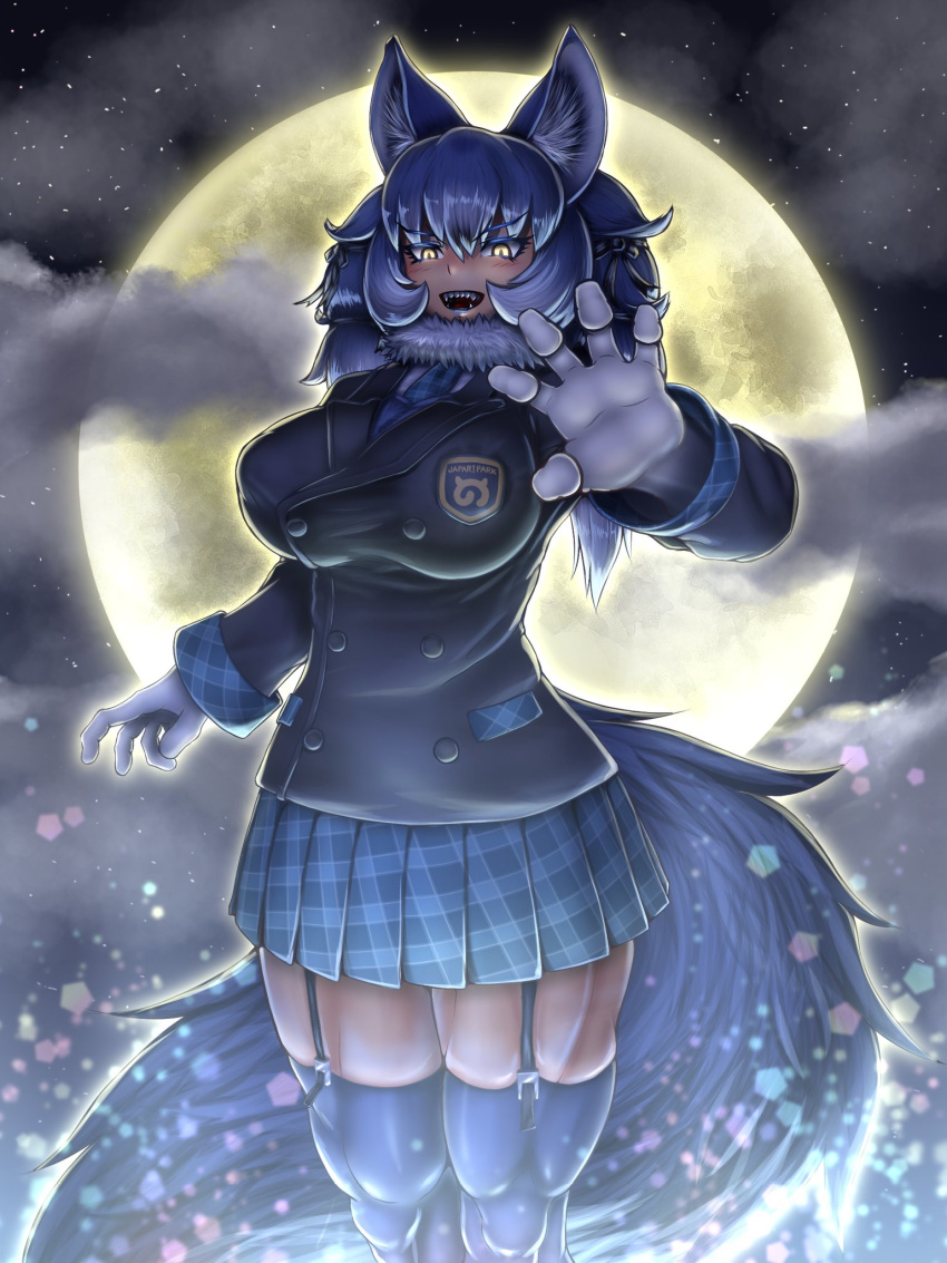 1girl animal_ears arm_at_side aura bangs blazer blue_hair breasts claw_pose commentary_request dire_wolf_(kemono_friends) eyebrows_visible_through_hair feet_out_of_frame full_moon fur_collar garter_straps gloves hand_up highres hkanakakia jacket kemono_friends large_breasts lipstick long_hair long_sleeves looking_at_viewer makeup miniskirt moon necktie night night_sky open_mouth outdoors plaid plaid_skirt pleated_skirt sharp_teeth skirt sky slit_pupils smile solo standing star_(sky) starry_sky tail teeth thick_thighs thighhighs thighs v-shaped_eyebrows wolf_ears wolf_girl wolf_tail yellow_eyes