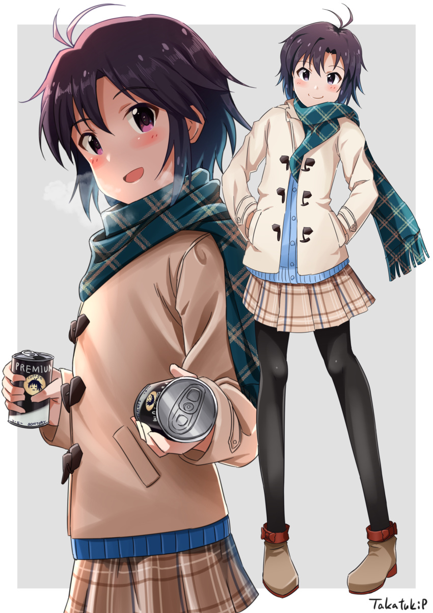 1girl absurdres antenna_hair artist_name black_hair blush breath can canned_coffee coat hands_in_pockets highres holding holding_can idolmaster idolmaster_(classic) kikuchi_makoto miniskirt multiple_views open_mouth pantyhose plaid plaid_skirt purple_eyes scarf short_hair skirt smile standing takatsuki_p winter_clothes