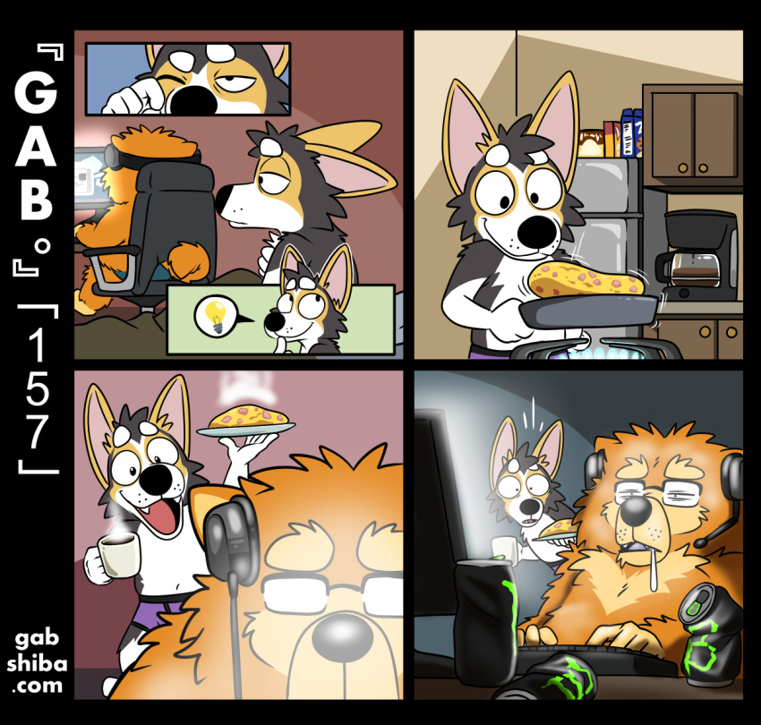 anthro bedroom beverage blank_stare bodily_fluids boxer_briefs breakfast canid canine canis chow_chow clothed clothing coffee comic computer concerned cooking domestic_dog drooling duo eyewear fur furgonomics gabshiba gaming glasses half-closed_eyes headgear headphones headset herding_dog kitchen lightbulb male mammal monster_energy narrowed_eyes omelette orange_body orange_fur pastoral_dog playing_videogame purple_clothing purple_underwear saliva sitting sitting_on_chair spitz topless underwear waking_up wang_chow welsh_corgi