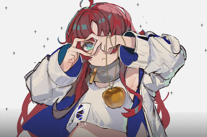 1girl :&lt; acidear ahoge apple arknights arms_up blue_eyes chain commentary crop_top eyebrows_visible_through_hair food fruit golden_apple halftone heart heart_hands holding holding_chain holding_food holding_fruit id_card jacket long_hair midriff myrtle_(arknights) open_clothes open_jacket red_hair scarf shirt solo sparkle standing symbol_commentary upper_body white_background white_jacket white_shirt