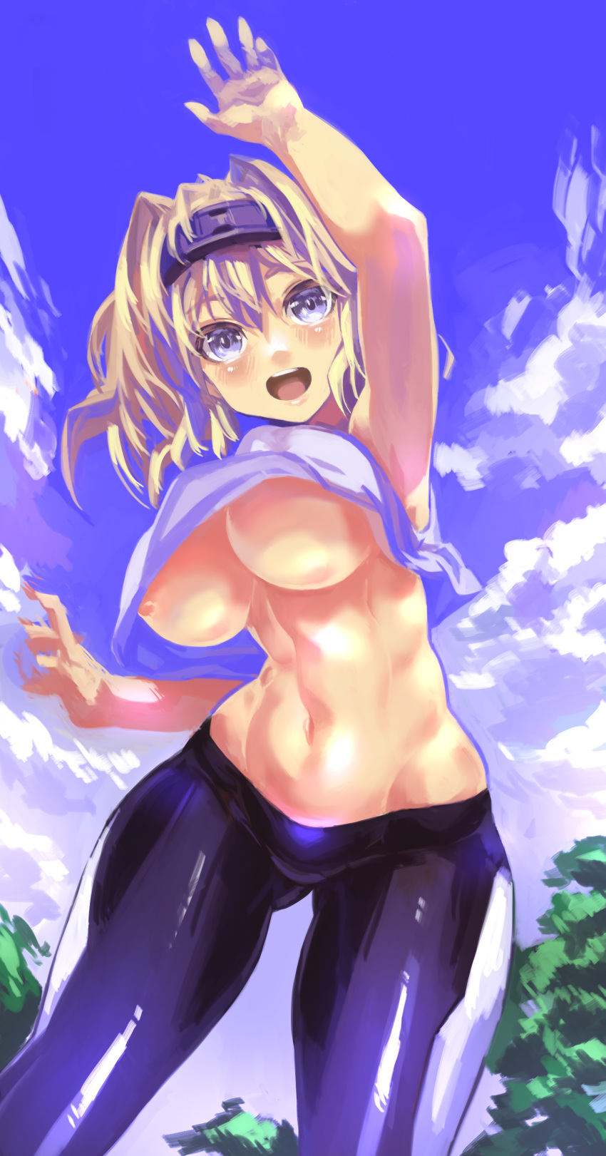 1girl absurdres arm_up blonde_hair blue_eyes blush breasts character_request cosmic_break cowboy_shot crop_top hairband highres large_breasts leggings looking_at_viewer navel nipple_slip nipples no_bra open_mouth outdoors puribate_(helgoland) sky solo