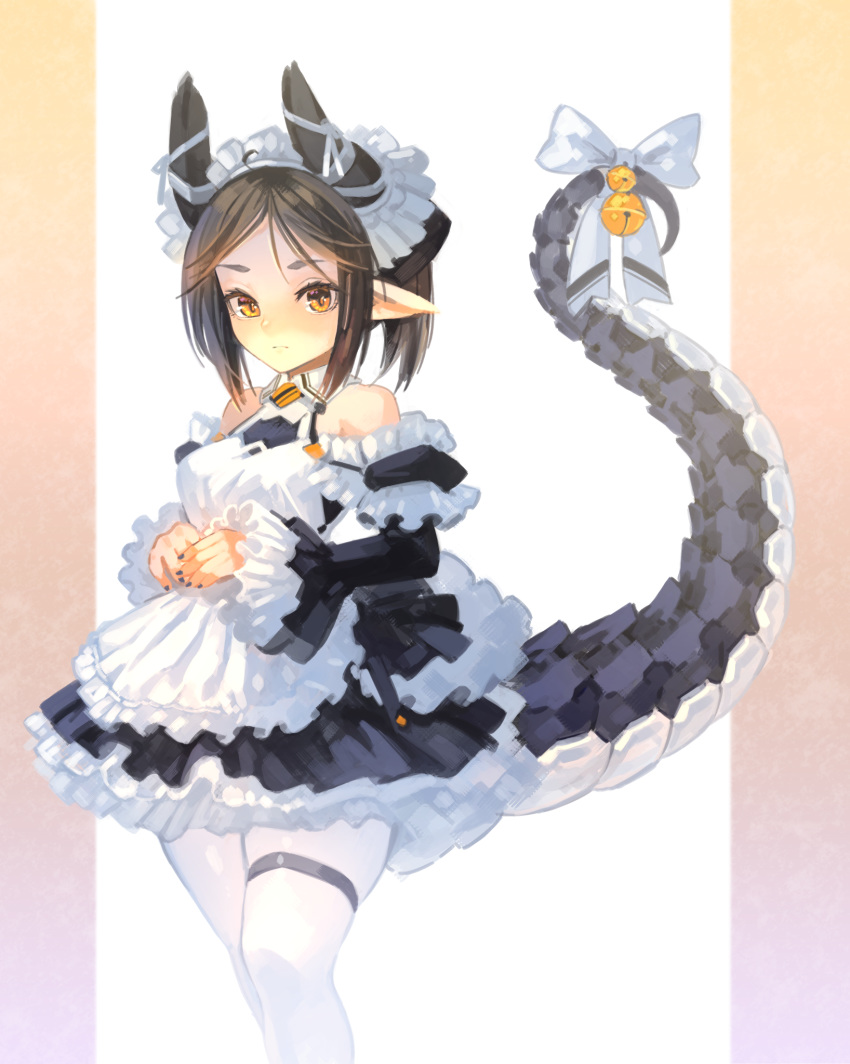 1girl apron bell black_nails brown_hair commentary_request detached_sleeves frilled_skirt frilled_sleeves frills highres horns long_sleeves maid maid_apron mechanical_tail original pointy_ears ponytail puribate_(helgoland) ribbon simple_background skirt solo tail tail_ornament tail_ribbon thigh_strap white_legwear white_ribbon yellow_eyes