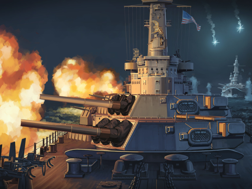 american_flag battleship cannon fire flare highres historical_event lifeboat mikado_(winters) military military_vehicle night no_humans ship turret united_states_navy uss_south_dakota_(bb-57) uss_washington_(bb-56) warship watercraft world_war_ii