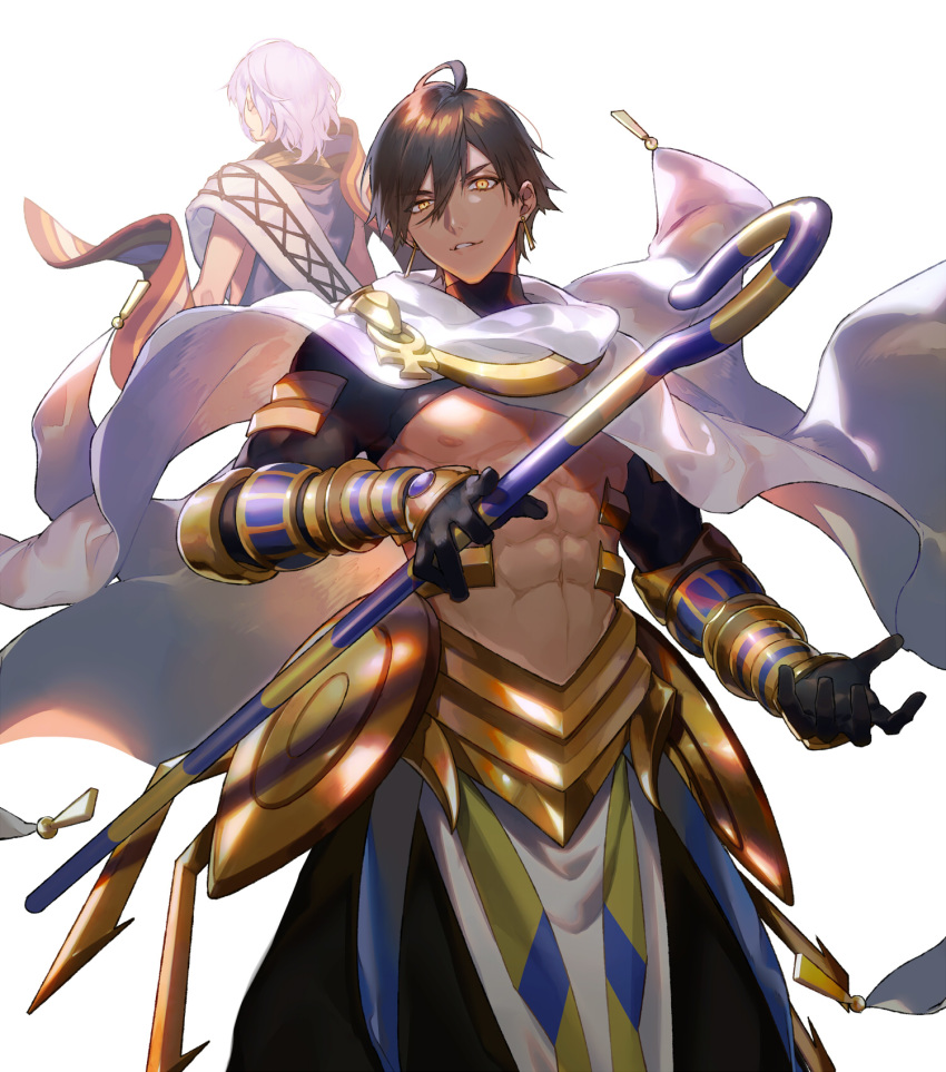2boys abs ahoge arash_(fate) armlet back bare_pecs black_gloves brown_hair cape dark_skin dark_skinned_male egyptian_clothes fate/prototype fate/prototype:_fragments_of_blue_and_silver fate_(series) feet_out_of_frame gloves hair_between_eyes highres holding holding_staff looking_at_viewer male_focus medium_hair multiple_boys muscle nakahara_(mu_tation) navel nipples official_art ozymandias_(fate) parted_lips pectorals sash short_hair shrug_(clothing) smile staff vambraces white_background white_cape yellow_eyes