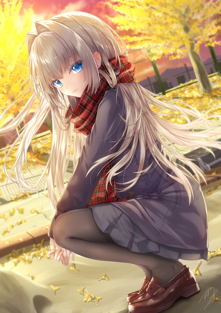 1girl absurdres amatsuji autumn_leaves bangs black_legwear blue_eyes brown_footwear closed_mouth commentary_request falling_leaves from_side hair_intakes highres jacket leaf loafers long_hair long_sleeves looking_at_viewer original outdoors pantyhose plaid plaid_scarf pleated_skirt red_scarf scarf school_uniform shoes signature skirt smile solo squatting sunset