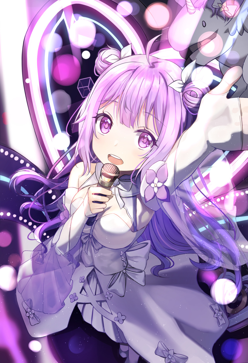 1girl :d absurdres arm_up azur_lane bare_shoulders commentary detached_sleeves double_bun dress eyebrows_visible_through_hair from_above ha_en hair_ribbon highres holding holding_microphone long_hair looking_at_viewer looking_up microphone music open_mouth pleated_skirt purple_eyes purple_hair ribbon singing skirt smile solo unicorn_(angelic_night)_(azur_lane) unicorn_(azur_lane) white_dress white_legwear white_skirt winged_unicorn