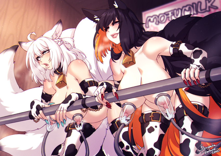2girls animal_print bell bell_collar black_hair blue_eyes blush breasts collar cow_print cowbell crescentia deathblight elbow_gloves fang fingerless_gloves fingernails fox_girl fox_tail gloves hanging_breasts kyuubi lactation large_breasts leaning_forward long_fingernails long_hair milking_machine multiple_girls multiple_tails nail_polish nipples nude pregnant red_eyes tail thighhighs white_hair