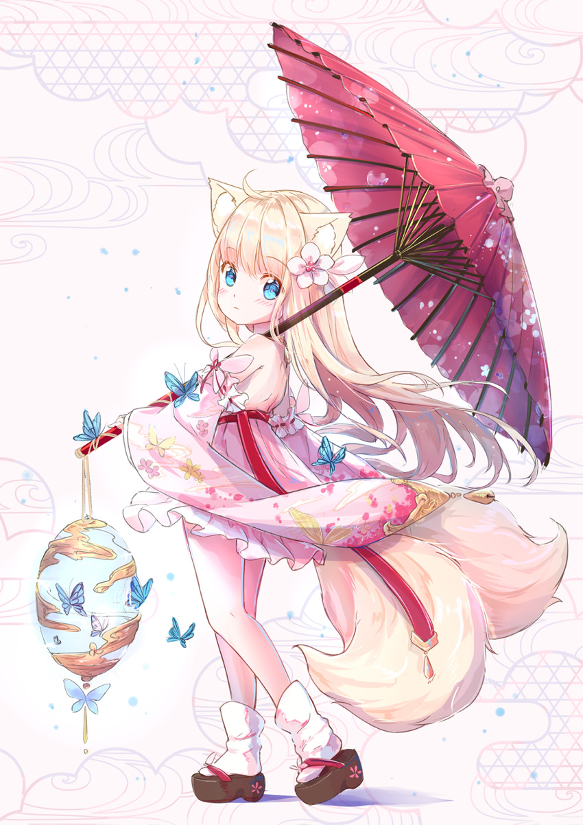 1girl ahoge animal_ear_fluff animal_ears animal_print bare_shoulders black_footwear blush bug butterfly butterfly_print closed_mouth commentary_request detached_sleeves egasumi floral_print flower fox_ears fox_tail full_body hair_flower hair_ornament highres holding holding_umbrella insect kitsune long_sleeves looking_at_viewer looking_to_the_side multiple_tails oil-paper_umbrella original peas_(peas0125) pink_skirt pink_sleeves platform_footwear pleated_skirt red_umbrella skirt sleeves_past_wrists socks solo standing tabi tail two_tails umbrella white_flower white_legwear wide_sleeves zouri