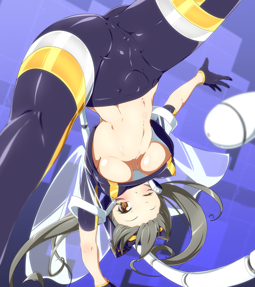 1girl abstract_background ass bangs bike_shorts blush breasts brown_eyes cameltoe cat_mask commentary_request covered_nipples crop_top danpu duel_monster earpiece fake_tail gloves grey_hair groin highres i:p_masquerena jacket large_breasts long_hair looking_at_viewer midriff multicolored_pants multicolored_shirt navel one_eye_closed open_clothes open_jacket pants partial_commentary purple_background purple_gloves purple_pants purple_shirt sheer_clothes shirt short_sleeves sidelocks solo tail tight tight_pants twintails underboob upside-down yu-gi-oh!