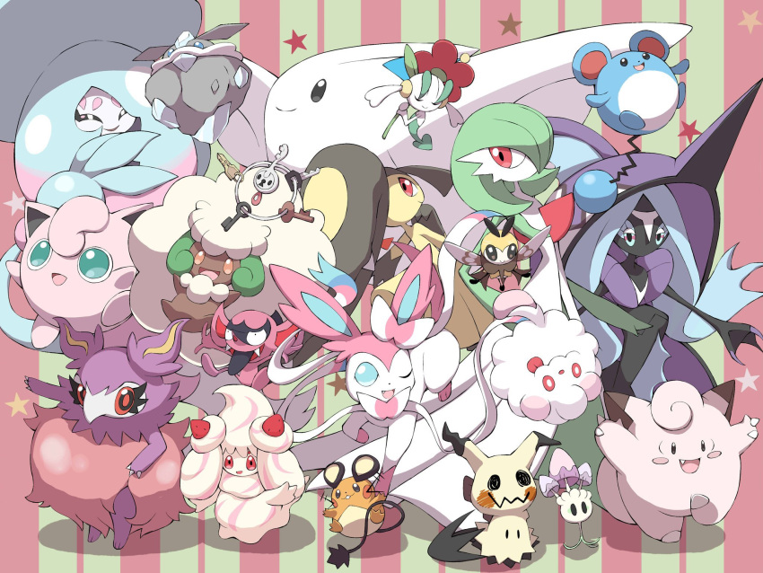 ;d alcremie aromatisse carbink claws clefairy closed_eyes commentary_request dedenne floette gen_1_pokemon gen_2_pokemon gen_3_pokemon gen_4_pokemon gen_5_pokemon gen_6_pokemon gen_7_pokemon gen_8_pokemon green_eyes hatterene highres impidimp jahana_mei jigglypuff klefki legendary_pokemon looking_at_viewer marill mawile mimikyu morelull one_eye_closed open_mouth pokemon pokemon_(creature) ribombee smile star_(symbol) swirlix sylveon tapu_fini toes togekiss whimsicott