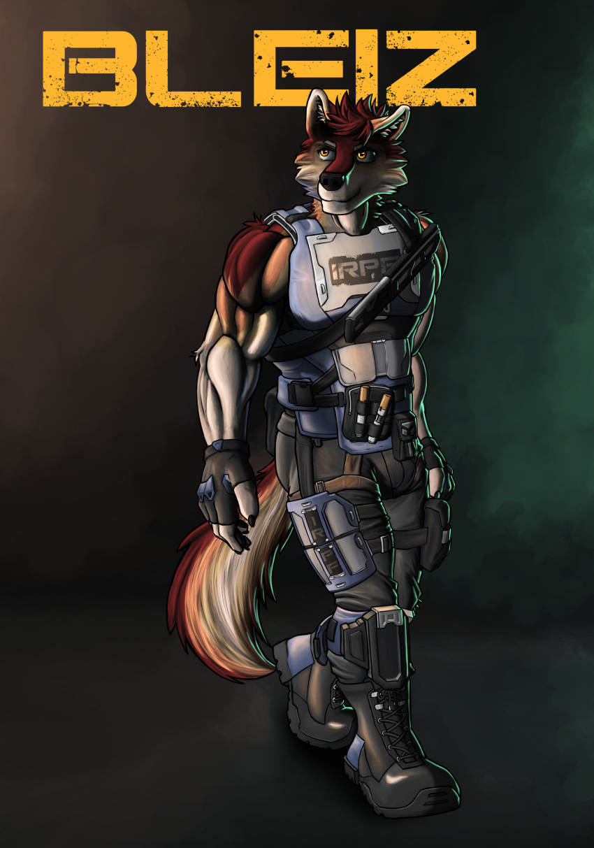 absurd_res anthro armor bleiz canid canine canis futuristic gear hc_svnt_dracones hi_res male mammal military muscular muscular_anthro muscular_male police science_fiction silverferak solo tactical wolf
