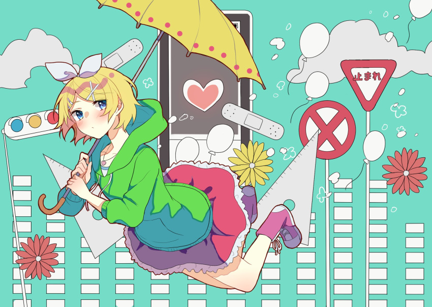 1girl aqua_background aryuma772 balloon bandaid bangs blonde_hair blue_eyes boots bow cloud commentary daisy expressionless falling flower frilled_skirt frills green_hoodie hair_bow hair_ornament hairclip heart highres holding holding_umbrella hood hoodie jewelry kagamine_rin melancholic_(vocaloid) miniskirt necklace pink_footwear pink_skirt protractor red_flower road_sign short_hair sign skirt solo stop_sign swept_bangs traffic_light umbrella vocaloid yellow_flower yellow_umbrella yield_sign