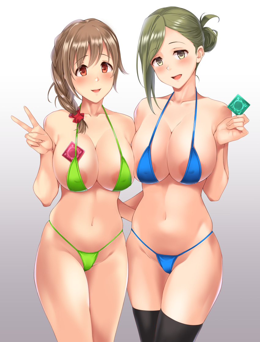 2girls absurdres areola_slip areolae bangs bikini blue_bikini blush braid breasts brown_hair cleavage collarbone condom_wrapper folded_ponytail green_bikini green_eyes green_hair hair_over_shoulder highres idolmaster idolmaster_cinderella_girls idolmaster_shiny_colors large_breasts looking_at_viewer medium_hair multiple_girls nanakusa_hazuki navel nishi_(count2.4) open_mouth orange_eyes senkawa_chihiro single_braid smile swept_bangs swimsuit thighhighs thighs