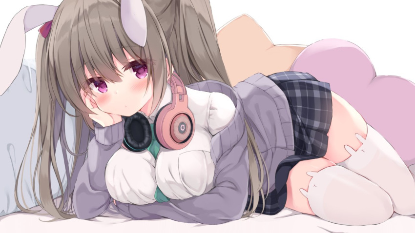1girl animal_band_legwear animal_ears bangs between_breasts blush breasts brown_hair bunny_band_legwear bunny_ears cardigan closed_mouth commentary eyebrows_visible_through_hair green_neckwear grey_cardigan grey_skirt hair_between_eyes headphones headphones_around_neck heart heart_pillow kujou_danbo large_breasts long_hair long_sleeves looking_at_viewer necktie necktie_between_breasts off_shoulder open_cardigan open_clothes original pillow plaid plaid_skirt pleated_skirt purple_eyes simple_background skirt sleeves_past_wrists solo star_pillow symbol_commentary thighhighs two_side_up very_long_hair white_background white_legwear