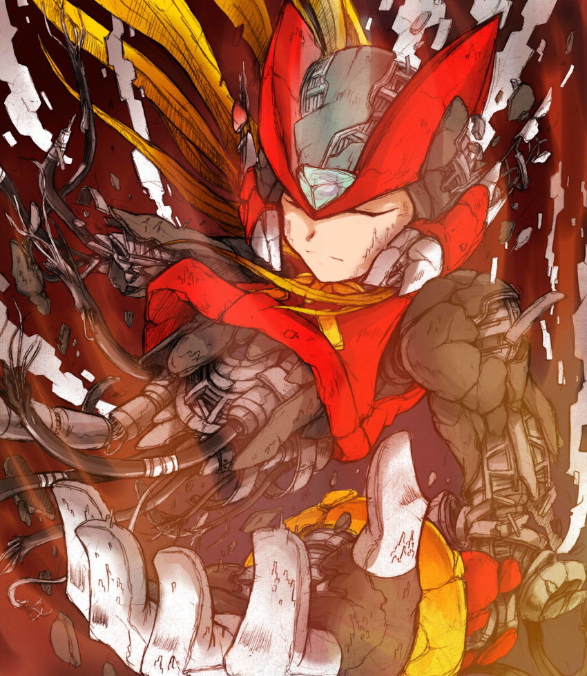 1boy absurdres android blonde_hair broken cable closed_eyes closed_mouth crack gem hatching_(texture) helmet highres jie_laite long_hair open_hand rockman rockman_zero solo wire zero_(rockman)