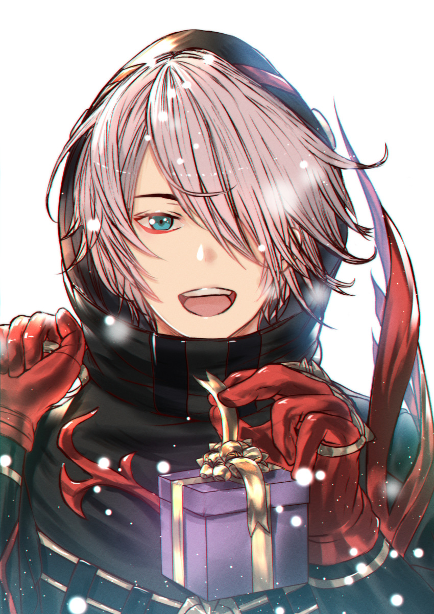 1boy black_coat coat eyeshadow fate/grand_order fate_(series) gift_wrapping gloves green_eyes hair_over_one_eye highres hood hood_up incoming_gift karna_(santa)_(fate) looking_at_viewer makeup male_focus pink_hair rasuto red_gloves short_hair smile solo tongue tsurime white_background