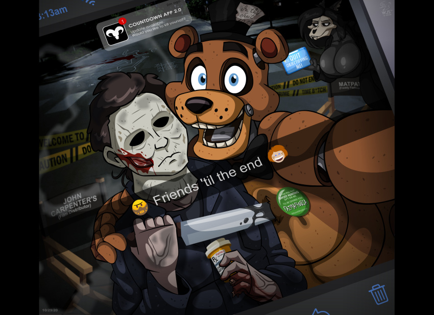animatronic blood blue_eyes bodily_fluids bone breasts brown_body brown_fur brown_hair canid canine canis cellphone child's_play chucky_(child's_play) cleavage clothed clothing countdown_(2019) crime_scene domestic_dog emoji english_text female five_nights_at_freddy's freddy_(fnaf) fur group hair halloween halloween_(film) hannibal_lecter hat headgear headwear hi_res holidays human iphone knife machine male mammal mask medication michael_myers oil phone robot scp-1471 scp_foundation selfie silence_of_the_lambs skull smartphone smile text ursid video_games wolfjedisamuel