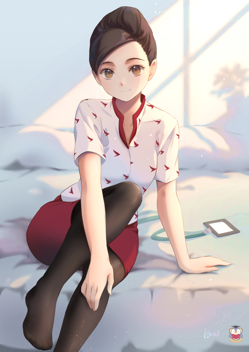 1girl arm_up black_legwear breasts brown_hair cathay_dragon cathay_pacific closed_mouth collarbone commentary ears eyebrows eyelashes flight_attendant foot_out_of_frame highres indoors kamui_(kamuikaoru) knee_up lanyard miniskirt nose on_bed original pillow plant red_skirt shadow shirt signature silhouette sitting sitting_on_bed skirt smile solo stewardess thighhighs uniform white_shirt yellow_eyes