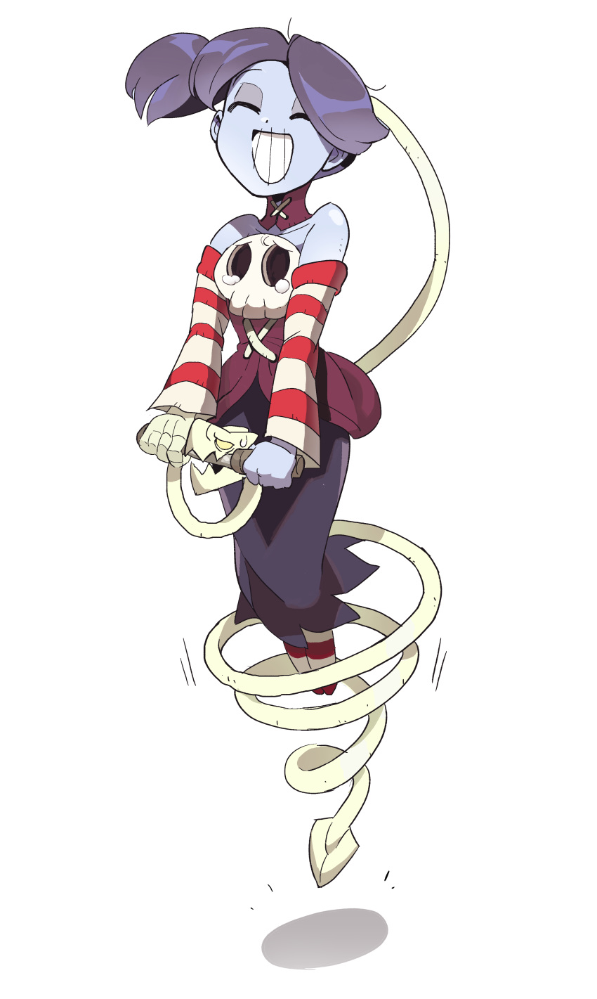 absurdres bare_shoulders bouncing closed_eyes collarbone crying detached_sleeves highres purple_hair short_hair side_ponytail simple_background skull skullgirls smile squigly_(skullgirls) striped striped_clothes sweat tears teeth toot white_background yellow_eyes zombie