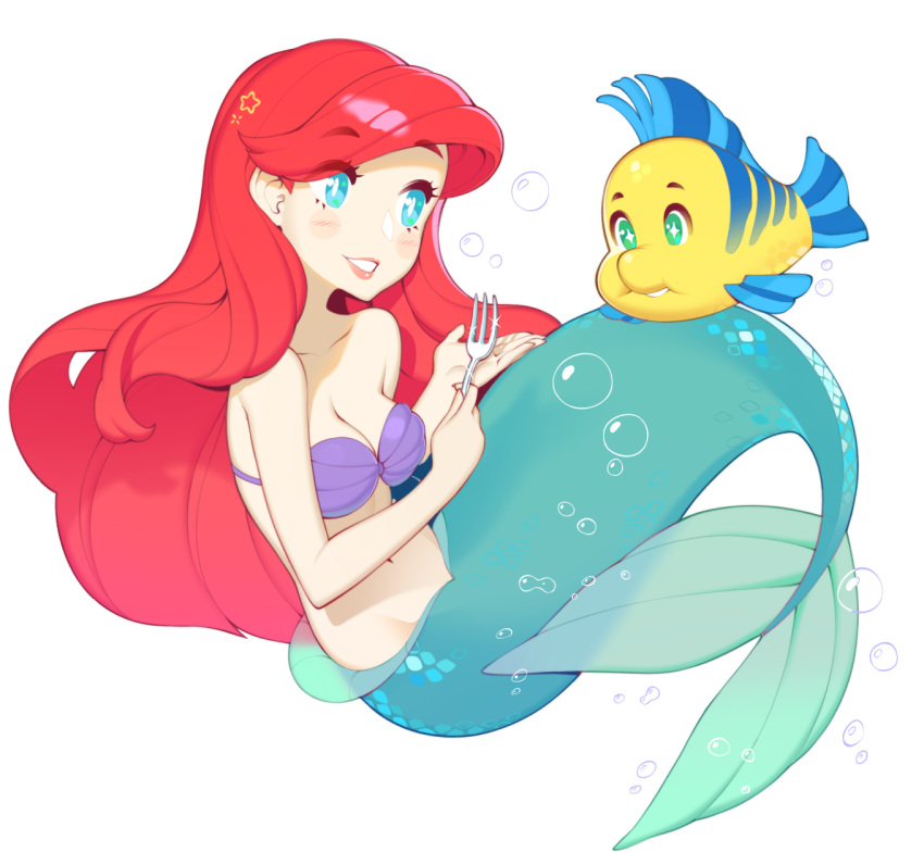 air_bubble ariel_(disney) bare_arms bare_shoulders bikini blue_eyes breasts bright_pupils bubble cleavage commentary english_commentary eyes_visible_through_hair fish flounder_(the_little_mermaid) fork halphelt hat_ornament highres holding holding_fork long_hair medium_breasts mermaid monster_girl navel purple_bikini red_hair shell shell_bikini simple_background smile star_(symbol) star_hat_ornament swimsuit the_little_mermaid white_background white_pupils