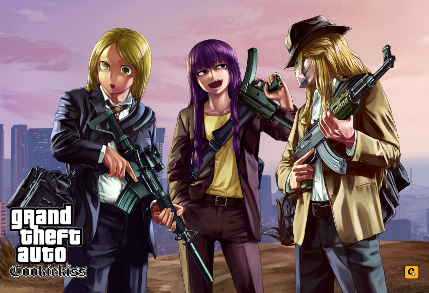 1girl 2boys 6_9 ak-74 ar-15 assault_rifle atouda_ako_(character) bangs belt black_bag black_jacket black_pants blazer blonde_hair blunt_bangs brown_headwear brown_jacket brown_neckwear brown_pants city cookie_(touhou) covered_face cowboy_hat cowboy_shot empty_eyes genderswap genderswap_(ftm) grand_theft_auto grand_theft_auto:_san_andreas grin gun h&amp;k_mp5 hat hazuna_rio highres holding holding_gun holding_weapon jacket kirisame_marisa long_hair looking_at_another looking_to_the_side megafaiarou_(talonflame_810) multiple_boys necktie open_mouth pants patchouli_knowledge purple_eyes rifle shirt shirt_tucked_in sling smile standing submachine_gun t-shirt taisa_(cookie) teeth touhou weapon white_shirt yellow_eyes yellow_jacket yellow_shirt