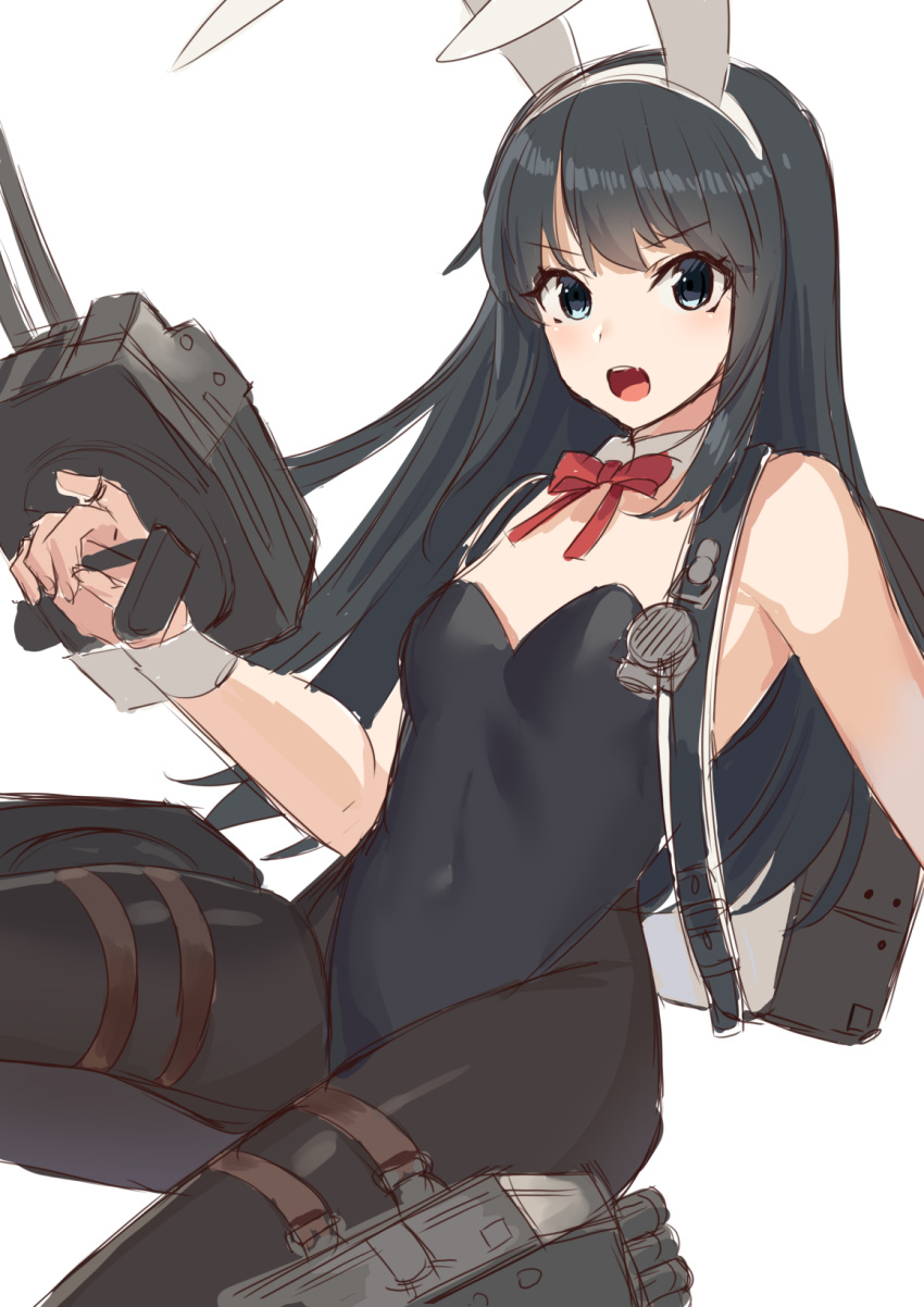 1girl alternate_costume animal_ears asashio_(kantai_collection) bangs black_hair black_legwear black_leotard blue_eyes bunny_ears detached_collar eyebrows_visible_through_hair fake_animal_ears highres holding kantai_collection leg_up leotard long_hair mizuki_eiru_(akagi_kurage) neck_ribbon open_mouth pantyhose playboy_bunny red_neckwear ribbon rigging simple_background solo white_background wrist_cuffs