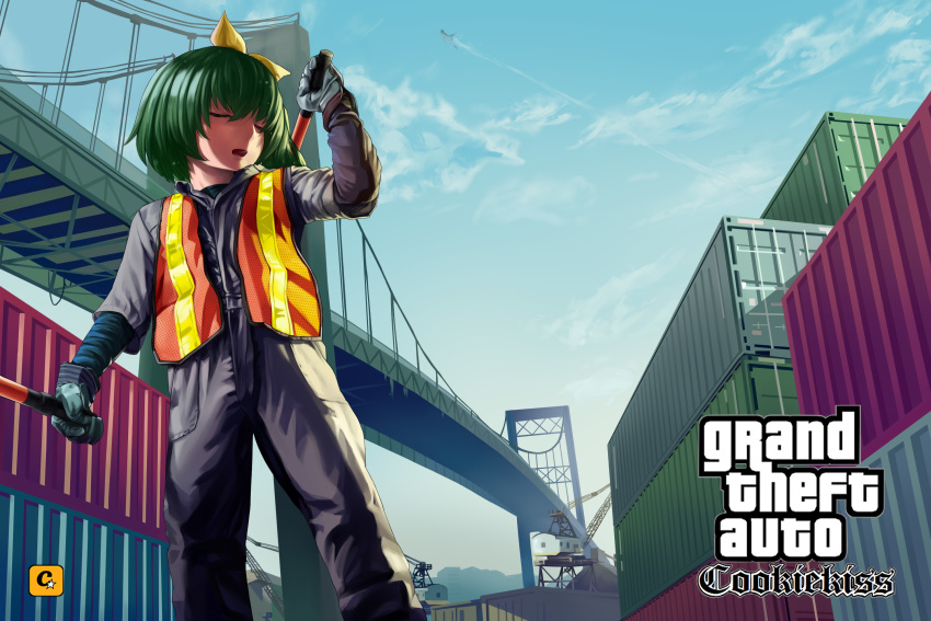 1boy 1girl alternate_costume bangs bow bridge closed_eyes cloud commentary_request cookie_(touhou) cowboy_shot crane_(machine) daiyousei diyusi_(cookie) from_below gloves grand_theft_auto grand_theft_auto:_san_andreas green_hair green_shirt grey_gloves grey_jumpsuit hair_between_eyes hair_bow high-visibility_vest highres hinase_(cookie) holding long_sleeves looking_to_the_side manatsu_no_yo_no_inmu medium_hair megafaiarou_(talonflame_810) nude open_mouth shipping_container shirt side_ponytail sky solo_focus standing touhou when_you_see_it yajuu_senpai yellow_bow