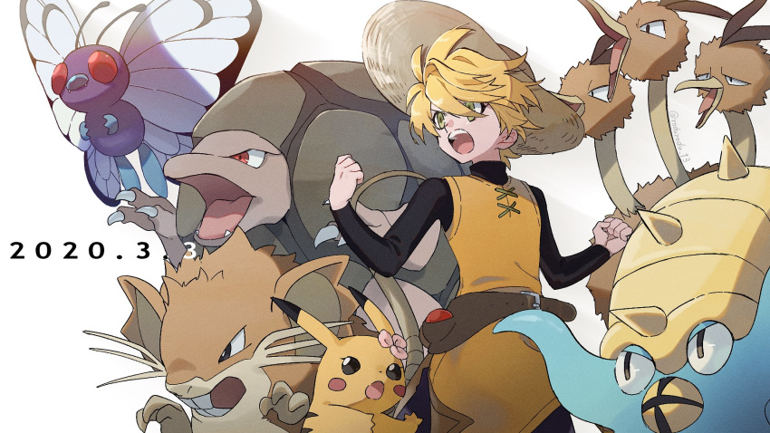 1girl bangs beige_headwear belt blonde_hair butterfree chuchu_(pokemon) clenched_hands commentary_request dated dodrio gen_1_pokemon golem green_eyes hat highres looking_to_the_side omastar open_mouth pikachu pokemon pokemon_(creature) pokemon_adventures raticate rozu_ki short_hair straw_hat teeth tongue yellow_(pokemon)