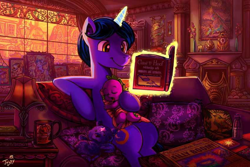 absurd_res book coffee_mug duo english_text equid equine friendship_is_magic furniture hasbro hi_res horn inside jowybean levitation magic male mammal my_little_pony newspaper night_light_(mlp) princess_celestia_(mlp) rainbow_dash_(mlp) shining_armor_(mlp) sleeping sofa sonic_rainboom spike_(mlp) teddy_bear text twilight_velvet_(mlp) unicorn window winged_unicorn wings