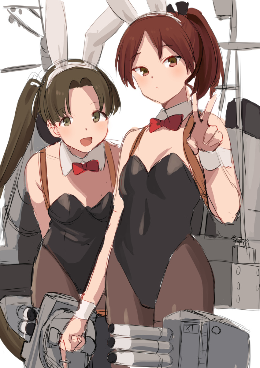 2girls animal_ears ayanami_(kantai_collection) black_legwear breasts brown_eyes brown_hair bunny_ears detached_collar fake_animal_ears hair_ribbon highres holding kantai_collection leotard long_hair mizuki_eiru_(akagi_kurage) multiple_girls open_mouth pantyhose playboy_bunny ponytail ribbon rigging shikinami_(kantai_collection) side_ponytail simple_background small_breasts v white_background wrist_cuffs