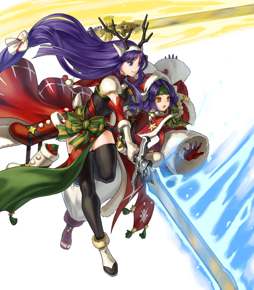 2girls altina animal_ears antlers bangs bell black_legwear blue_eyes blue_hair breasts capelet closed_mouth deer_ears fake_animal_ears fire_emblem fire_emblem:_radiant_dawn fire_emblem_heroes fur_trim gloves glowing glowing_weapon hair_ornament hat headband highres holding holding_sword holding_weapon kita_senri long_hair low-tied_long_hair medium_breasts multiple_girls official_art open_toe_shoes pom_pom_(clothes) purple_hair red_gloves reindeer_antlers sanaki_kirsch_altina santa_hat sword thighhighs tied_hair transparent_background weapon white_footwear white_gloves wide_sleeves yellow_eyes