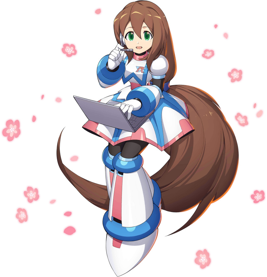 1girl alternate_color alternate_costume android brown_hair dress green_eyes happy headphones highres iris_(rockman_x) long_hair looking_at_viewer microphone mizuno_keisuke navigator no_hat no_headwear official_alternate_costume official_art ponytail rockman rockman_x rockman_x_dive skirt smile third-party_source transparent_background very_long_hair younger