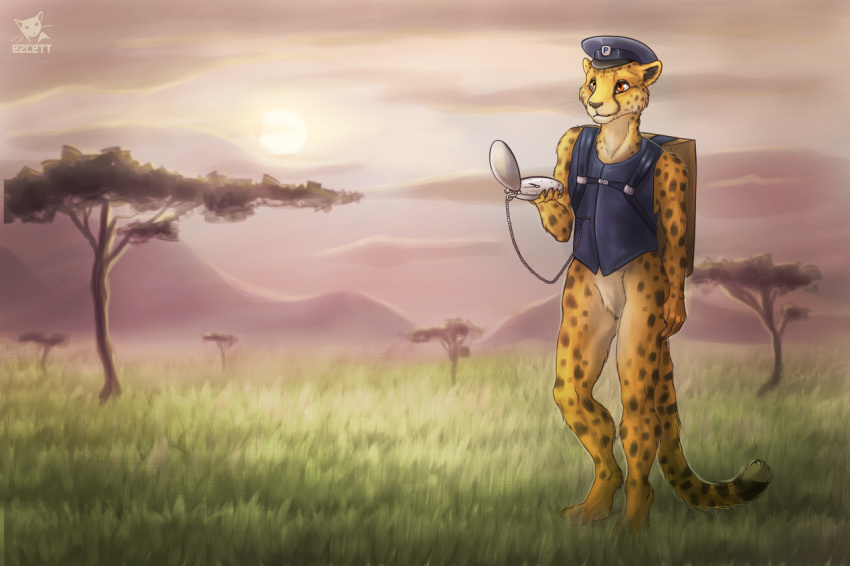 2020 4_toes 5_fingers anthro black_nose bottomless cheetah clothed clothing day detailed_background digital_media_(artwork) ezcett featureless_crotch felid feline fingers fur grass male mammal orange_eyes outside plant sky solo spots sun toes tree