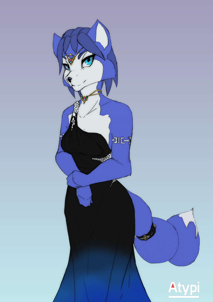 2020 absurd_res anthro atypi black_clothing black_dress blue_body blue_eyes blue_fur blue_hair canid canine clothing digital_drawing_(artwork) digital_media_(artwork) dress evening_dress female fox fur grey_background hair hi_res jewelry krystal looking_at_viewer mammal multicolored_body multicolored_fur multicolored_tail necklace nintendo signature simple_background solo star_fox tailband text video_games white_body white_fur