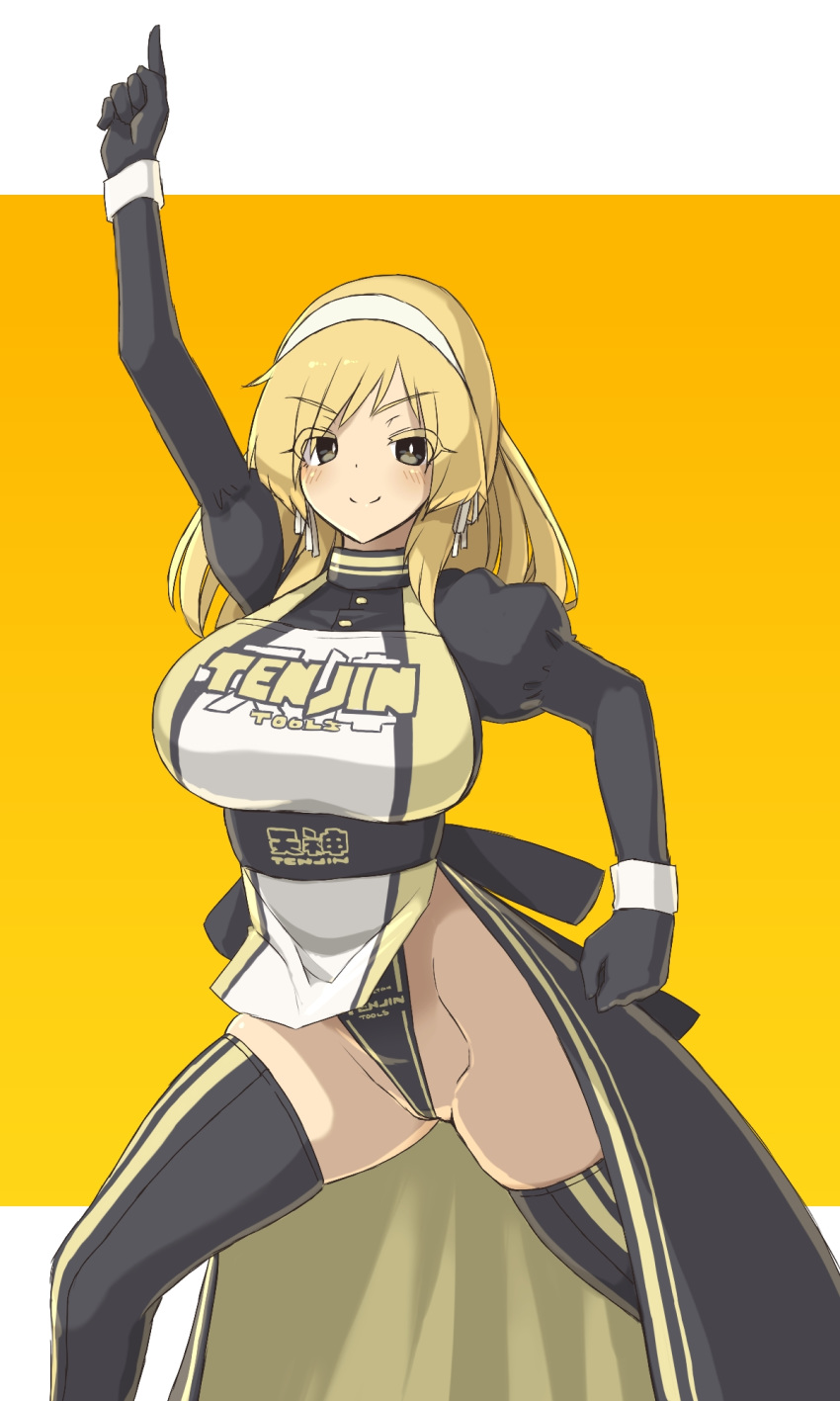 1girl bangs black_gloves blonde_hair blush breasts brown_eyes clenched_hand eyebrows_visible_through_hair gloves hairband highres kyono_kiara large_breasts leotard_under_clothes looking_at_viewer original parody pointing pointing_up saturday_night_fever skindentation smile solo thighhighs v-shaped_eyebrows white_hairband xyv_1