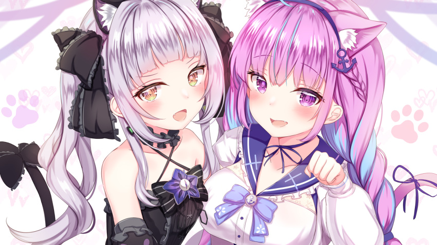 2girls :d ahoge alternate_hairstyle animal_ears arm_up bangs bare_shoulders black_dress blue_hair blue_sailor_collar blunt_bangs bow braid breasts cat_ears cat_girl cat_tail close-up collarbone colored_inner_hair commentary_request detached_sleeves dress eyebrows_visible_through_hair fang hair_ribbon hand_around_wrist highres hololive kemonomimi_mode large_breasts long_hair long_sleeves looking_at_viewer minato_aqua multicolored_hair multiple_girls murasaki_shion neck_ribbon open_mouth paw_pose paw_print purple_eyes purple_hair ribbon sailor_collar sidelocks silver_hair small_breasts smile tail tail_bow tail_ornament twin_braids two-tone_hair upper_body virtual_youtuber white_background white_dress yuano