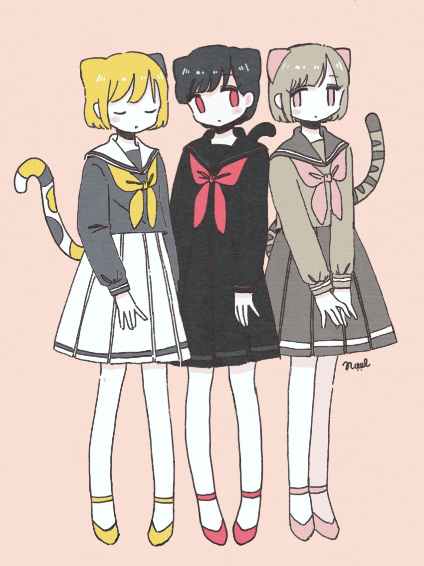 3girls animal_ears bangs black_hair black_sailor_collar black_shirt black_skirt blonde_hair brown_hair brown_shirt cat_ears cat_tail closed_eyes grey_sailor_collar grey_shirt grey_skirt highres long_sleeves multiple_girls neckerchief no_nose noeru_(noellemonade) original pink_eyes pink_footwear pink_neckwear pleated_skirt red_eyes red_footwear red_neckwear sailor_collar shirt shoes short_hair skirt tail white_sailor_collar white_skirt yellow_footwear yellow_neckwear