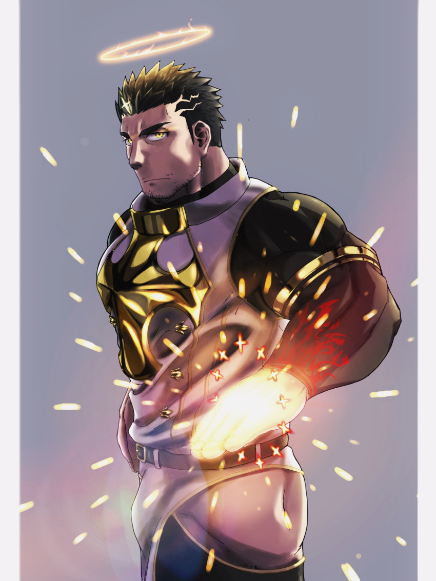 1boy armor ass bara black_bodysuit black_hair bodysuit breastplate bulge clothing_cutout facial_hair from_side glowing glowing_hand halo highres male_focus muscle pelvic_curtain saro_(rotsw_00022) short_hair solo stubble textless thick_thighs thigh_cutout thighs tokyo_houkago_summoners yellow_eyes zabaniya_(tokyo_houkago_summoners)
