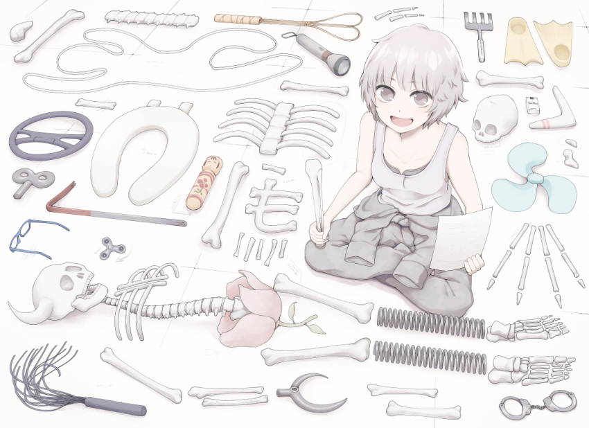 1girl :d bone boomerang cat_o'_nine_tails chalk_outline commentary crowbar cuffs eyewear_removed fan_blade fidget_spinner flashlight flippers flower glasses grey_eyes handcuffs holding horns indian_style kokeshi looking_at_viewer open_mouth original ribs short_hair single_horn sitting skeleton skull smile steering_wheel tank_top toilet_seat whip white_hair yajirushi_(chanoma)