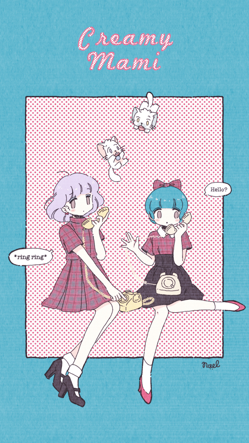 2girls absurdres aqua_hair bangs black_footwear black_skirt blush bow brown_eyes character_name character_request check_character creamy_mami dress earrings english_text hair_bow halftone high_heels highres holding holding_phone invisible_chair jewelry light_purple_hair looking_at_viewer mahou_no_tenshi_creamy_mami morisawa_yuu multiple_girls nega_(creamy_mami) noeru_(noellemonade) phone plaid plaid_bow plaid_dress plaid_shirt posi_(creamy_mami) red_bow red_dress red_footwear red_shirt shirt shoes short_sleeves sitting skirt speech_bubble