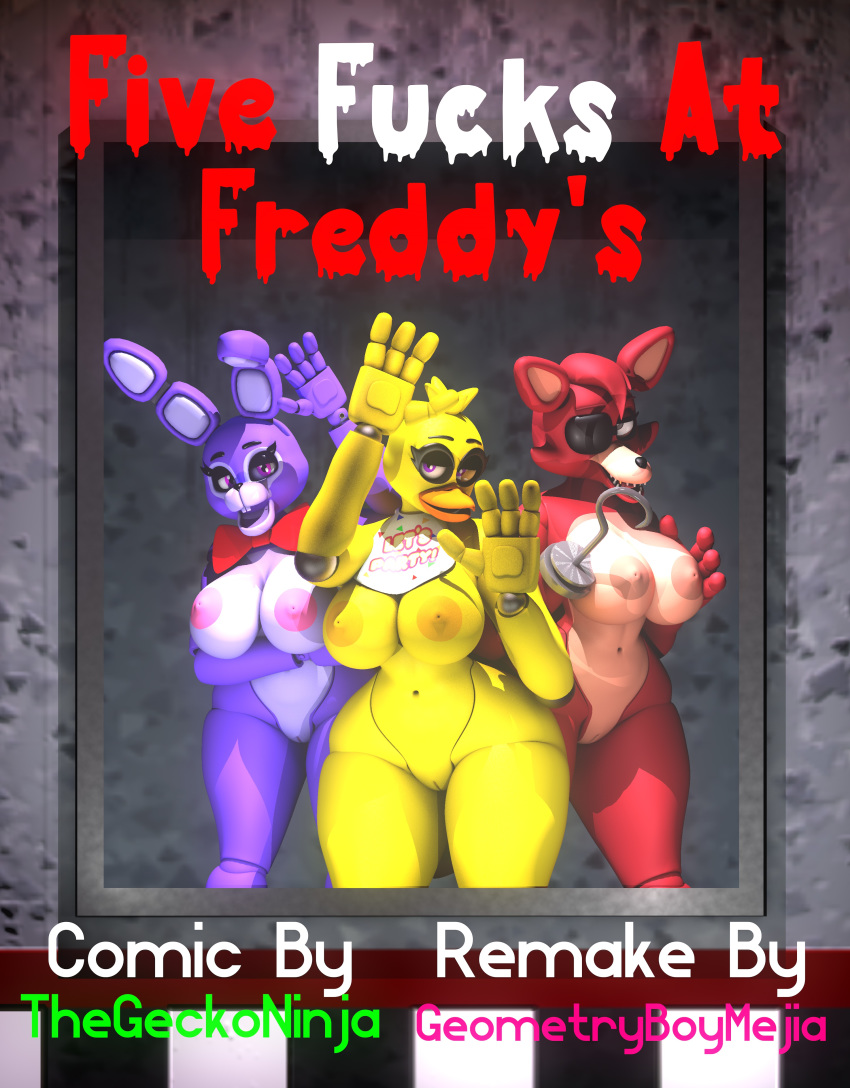 3d_(artwork) 4_fingers absurd_res bib bonnie_(fnaf) bow_tie breasts canid canine chica_(fnaf) digital_media_(artwork) english_text eye_patch eyeshadow eyewear female fingers five_nights_at_freddy's fox foxy_(fnaf) geometryboymejia group hi_res hook hook_hand hybrid lagomorph leporid makeup mammal profanity rabbit text thegeckoninja video_games