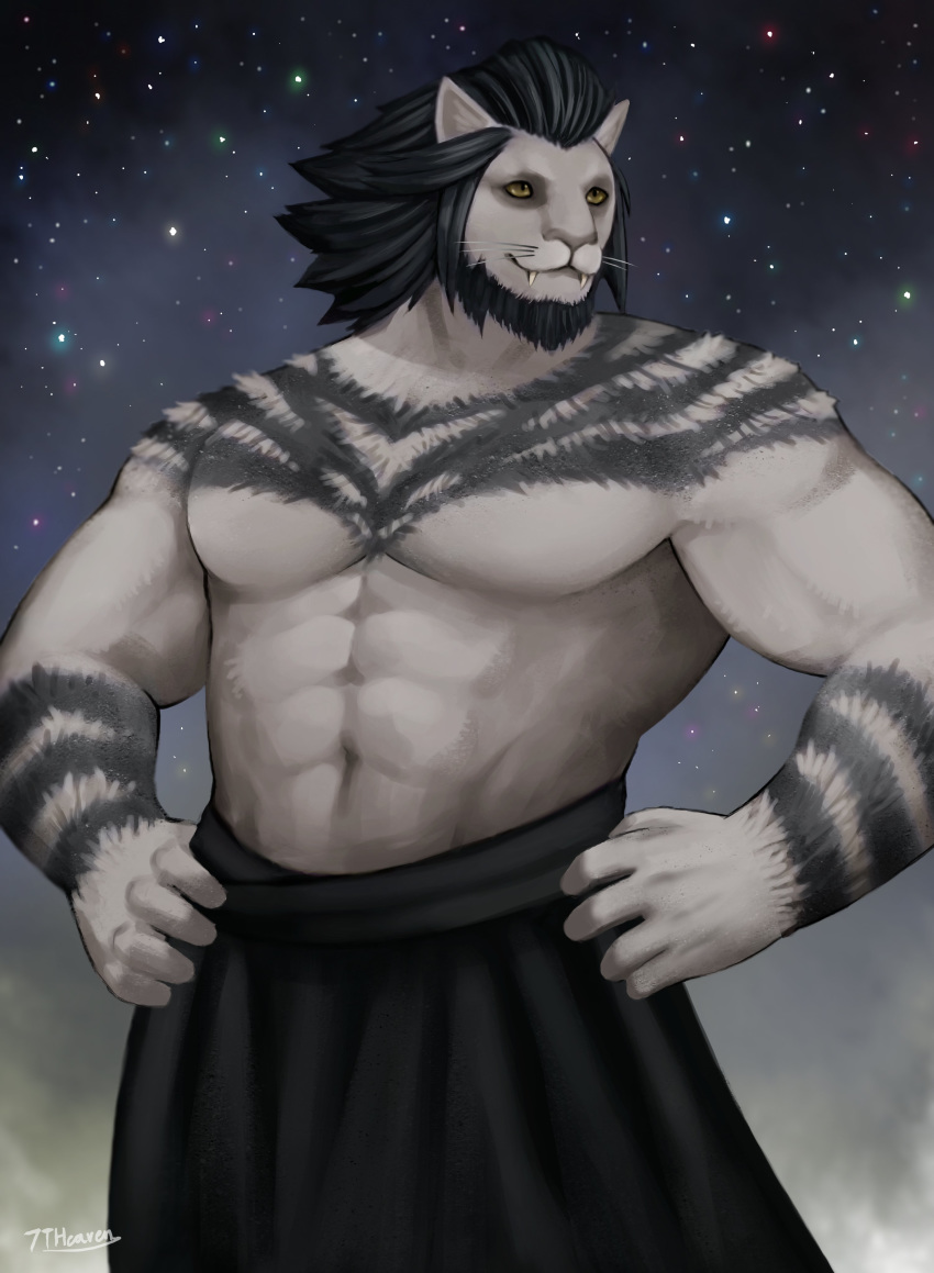 2020 7theaven abs absurd_res amber_eyes anthro beard biceps black_body black_fur black_hair clothed clothing facial_hair fangs felid final_fantasy final_fantasy_xiv fur hair hands_on_hips hi_res hrothgar jewelry male mammal multicolored_body muscular muscular_anthro muscular_male necklace night_sky pecs pinup portrait pose runar_(ffxiv) sharp_teeth solo square_enix standing star teeth three-quarter_portrait topless triceps two_tone_body video_games whiskers white_body white_fur