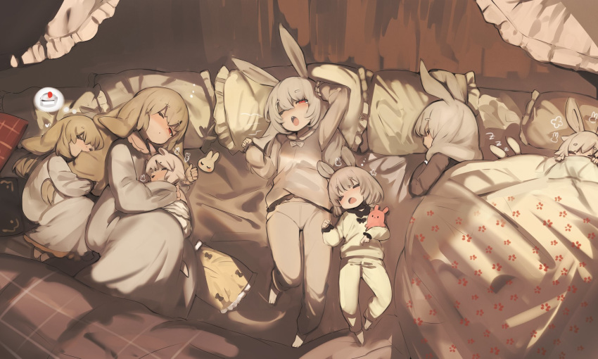 6+girls animal_ears arm_up barefoot bed brown_hair bunny_ears closed_eyes closed_mouth commentary dress frilled_pillow frills grey_dress grey_hair grey_pajamas grey_pants grey_shirt half-closed_eye highres long_hair long_sleeves lying multiple_girls nightgown object_hug on_back on_side one_eye_closed open_mouth original pajamas pants pillow puffy_long_sleeves puffy_sleeves red_eyes shirokujira shirt sleeping sleeves_past_wrists spoken_food stuffed_animal stuffed_octopus stuffed_toy symbol_commentary thought_bubble under_covers upper_teeth white_dress white_pajamas white_pants white_shirt yawning zzz