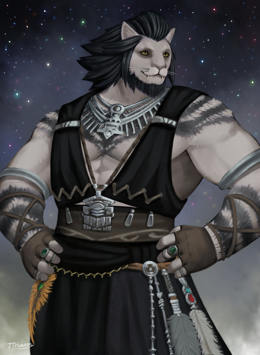 2020 7theaven abs absurd_res amber_eyes anthro armband beard biceps black_body black_fur black_hair clothed clothing facial_hair fangs feathers felid final_fantasy final_fantasy_xiv fingerless_gloves fur gloves hair hands_on_hips handwear hi_res hrothgar jewelry male mammal multicolored_body muscular muscular_anthro muscular_male necklace night_sky pecs pinup portrait pose ring runar_(ffxiv) sharp_teeth solo square_enix standing star teeth three-quarter_portrait triceps two_tone_body video_games whiskers white_body white_fur