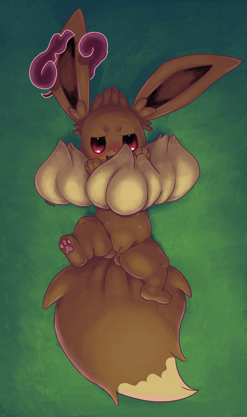 2020 3_toes absurd_res bedroom_eyes belly_nipples big_ears big_tail bird's-eye_view black_pupils blush bodily_fluids brown_body brown_ears brown_fur brown_tail colored cute_fangs digital_media_(artwork) digital_painting_(artwork) dipstick_tail dripping female feral fluffy fluffy_tail front_view full-length_portrait fur fur_tuft genitals gigantamax_eevee gigantamax_pok&eacute;mon green_background head_tuft hi_res high-angle_view humanoid_genitalia humanoid_pussy iris light lighting long_ears lying mklxiv multicolored_body multicolored_fur multicolored_tail narrowed_eyes neck_tuft nintendo nipples no_sclera on_back one_leg_up open_mouth open_smile pawpads paws pink_eyes pink_pawpads pok&eacute;mon pok&eacute;mon_(species) portrait pupils pussy pussy_blush quadruped raised_leg seductive shaded signature simple_background smile solo tan_body tan_fur tan_tail textured_background toes tuft two_tone_body two_tone_fur two_tone_tail video_games